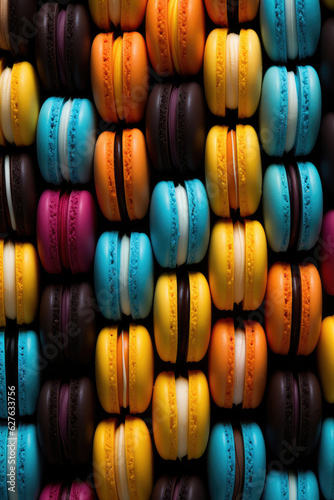 Colorful macaroons on a black background. Close up. created with generative AI technology.