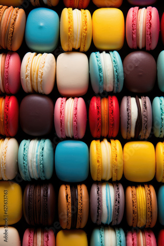 Colorful macaroons on a black background. Close up. created with generative AI technology.