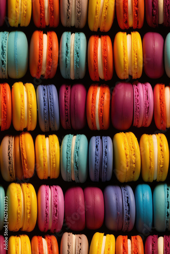 Colorful macaroons in a row on a black background. seamless pattern. created with generative AI technology.