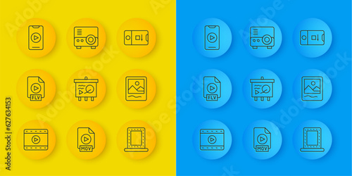 Set line Play Video, FLV file document, Scenario on chalkboard, Makeup mirror with lights, Photo frame, Online play video, and shooting and Media projector icon. Vector