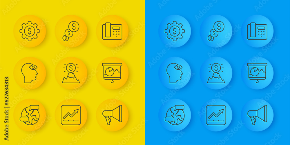 Set line Worldwide, Man with third eye, Mountains flag, Megaphone, Chalkboard chart, Gear dollar, Telephone 24 hours support and Financial growth and icon. Vector Set line Worldwide, Man with third eye, Mountains flag, Megaphone, Chalkboard chart, Gear dollar, Telephone 24 hours support and Financial growth and icon. Vector