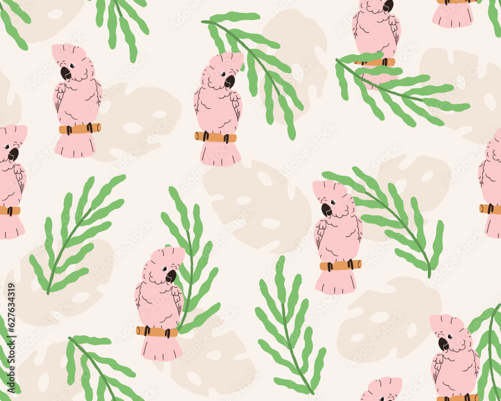 Cockatoo parrot and leaves, seamless pattern. Endless tropical background, texture design. Pink-feathered bird in jungle, repeating print. Exotic flat vector illustration for fabric, textile, wrapping