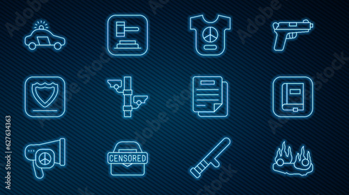 Set line Burning car, Law book, Peace, Security camera, Shield, Police and flasher, Document and Judge gavel icon. Vector