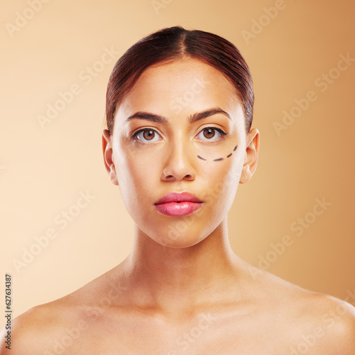 Photography Plastic surgery, cosmetics and woman with surgical lines on face in brown studio background with skincare