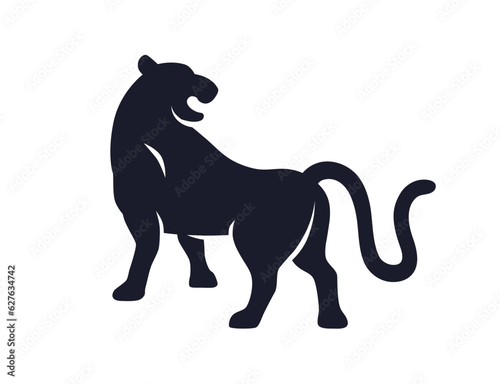 Chinese tiger silhouette. Asian wildcat shape, black shadow. Wild cat animal roaring. Oriental lunar astrological horoscope symbol, stencil. Flat vector illustration isolated on white background