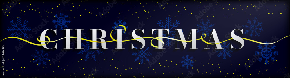 Elegant Christmas banner. Christmas Panoramic Banner with yellow ribbon intertwined with christmas text lettering. Christmas poster, greeting cards, header or profile cover. Vector Illustration. Elegant Christmas banner. Christmas Panoramic Banner with yellow ribbon intertwined with christmas text lettering. Christmas poster, greeting cards, header or profile cover. Vector Illustration.