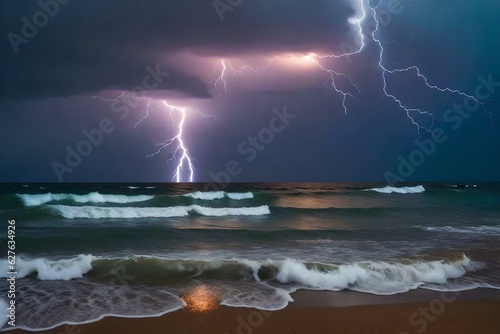 lightning and storm on sea to the sunset - bad weather