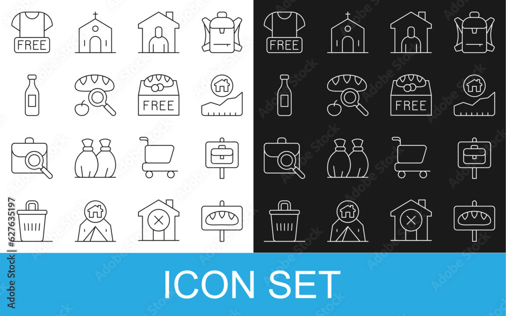 Set line Donation food, Work search, Rising cost of housing, Shelter for homeless, Searching, Bottle water, Clothes donation and icon. Vector