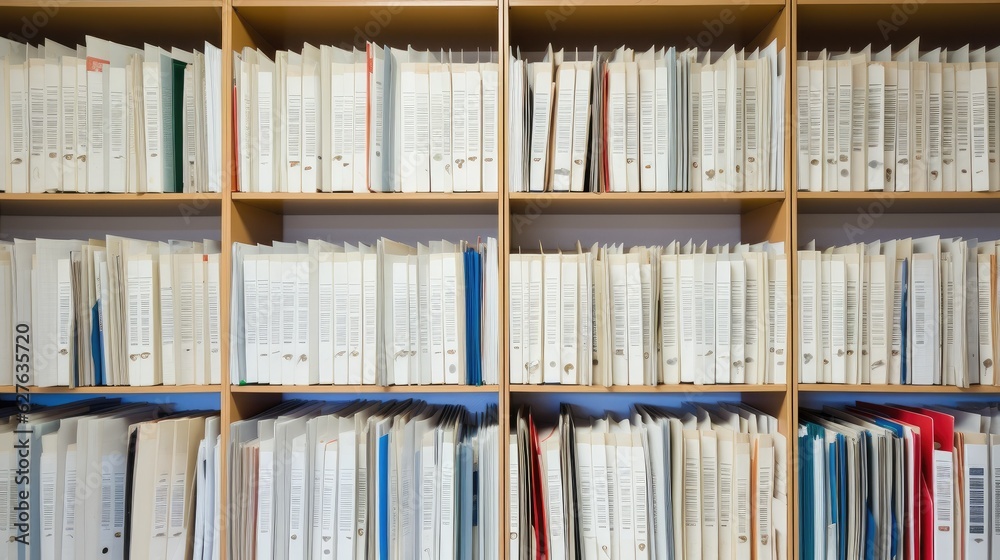 Fototapeta premium Shelves with books, medical cards, card file, medical data.,Old fashioned traditional medical cards on shelves in hospital, Generative AI
