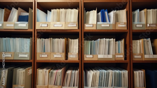 Shelves with books  medical cards  card file  medical data. Old fashioned traditional medical cards on shelves in hospital  Generative AI