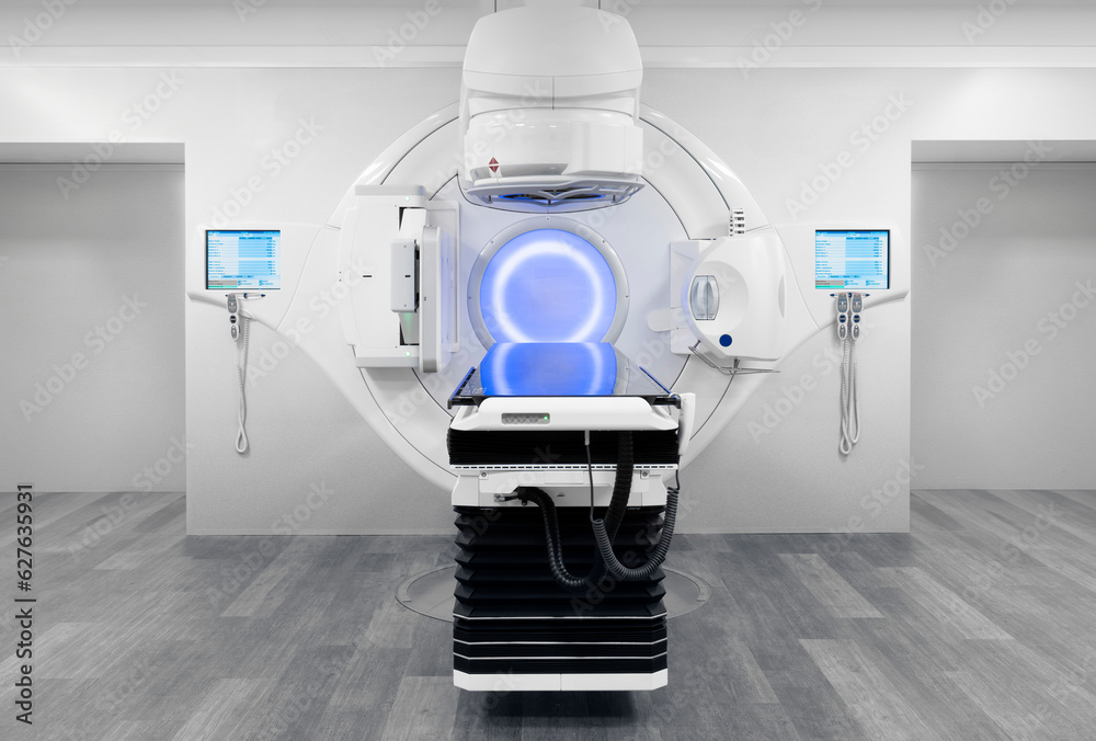 Cancer therapy, advanced medical linear accelerator in the therapeutic radiation oncology to treat patients with device. radiation oncology therapy device - obrazy, fototapety, plakaty 