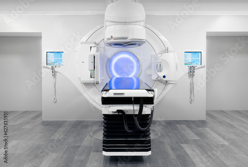 Cancer therapy, advanced medical linear accelerator in the therapeutic radiation oncology to treat patients with device. radiation oncology therapy device photo