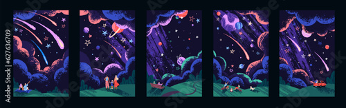 Set of dreaming people. Persons look up at the sky, stars, universe. Family, friends, couple with romantic night landscape. Romance, starfall and dark clouds in evening. Flat vector illustration