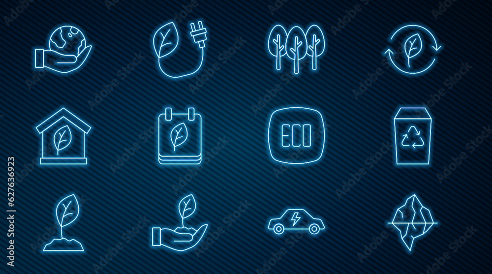 Set line Iceberg, Recycle bin, Tree, Calendar with autumn leaves, Eco friendly house, Hand holding Earth globe, Leaf symbol and Electric saving plug leaf icon. Vector Set line Iceberg, Recycle bin, Tree, Calendar with autumn leaves, Eco friendly house, Hand holding Earth globe, Leaf symbol and Electric saving plug leaf icon. Vector