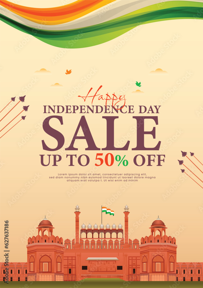 15th August Happy Independence Day advertisement sale poster design with 50% off  flyer or banner 2023 vector file