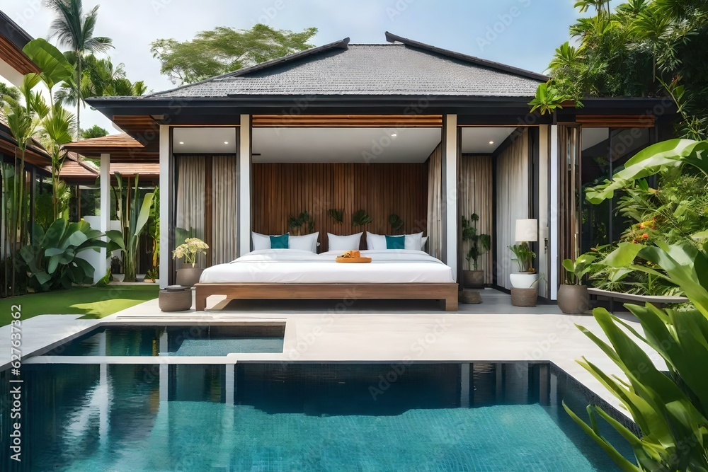 Fototapeta premium home or house building Exterior and interior design showing tropical pool villa with green garden and bedroom