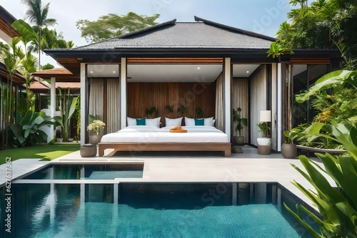 home or house building Exterior and interior design showing tropical pool villa with green garden and bedroom