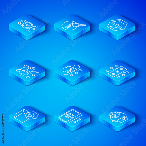 Set line NFT Digital crypto art, cloud, Monitor with store app, Cyber security, and icon. Vector