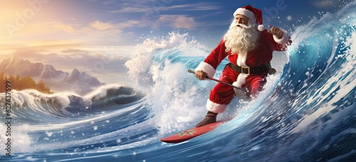 Santa Claus surfing on wave, surfboard decorated with holiday motifs. Concept of festive winter celebration.