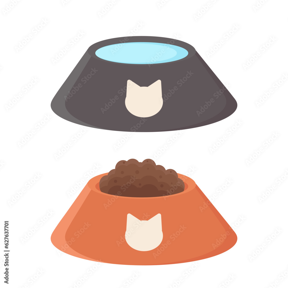Pets bowls for water and dry food isolated on background Pets bowls for water and dry food isolated on background