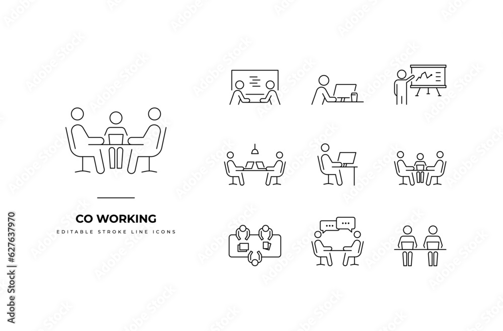 Set of Coworking Icon Packs. Simple line art and editable stroke icon packs. coworking, coworker, workspace, icon, workplace, teamwork, work, meeting, office, desk