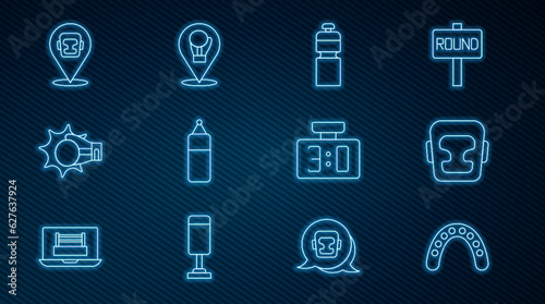 Set line Mouth guard boxer, Boxing helmet, Fitness shaker, Punching bag, boxing glove, Sport mechanical scoreboard and icon. Vector