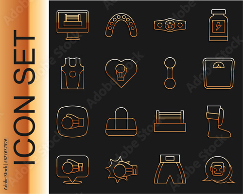 Set line Boxing helmet, Sport boxing shoes, Bathroom scales, belt, glove, jersey and t-shirt, ring and Dumbbell icon. Vector