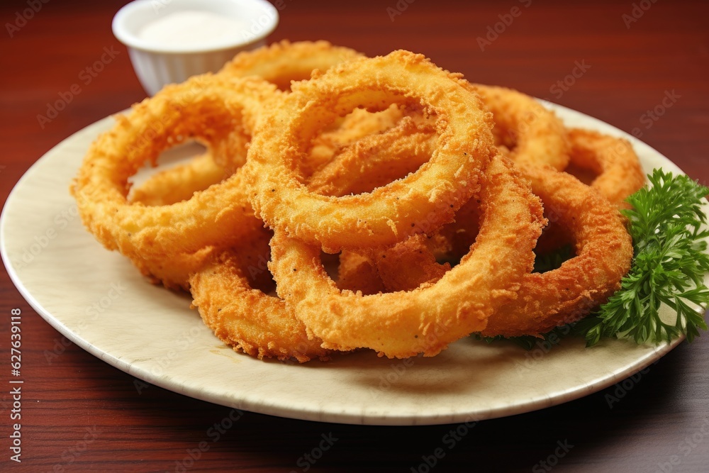 A platter of crispy onion rings. Generative AI A platter of crispy onion rings. Generative AI