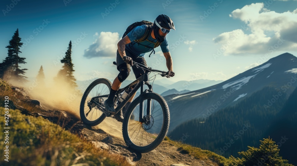 Active male cyclist riding bike on a mountain. Generative AI Active male cyclist riding bike on a mountain. Generative AI