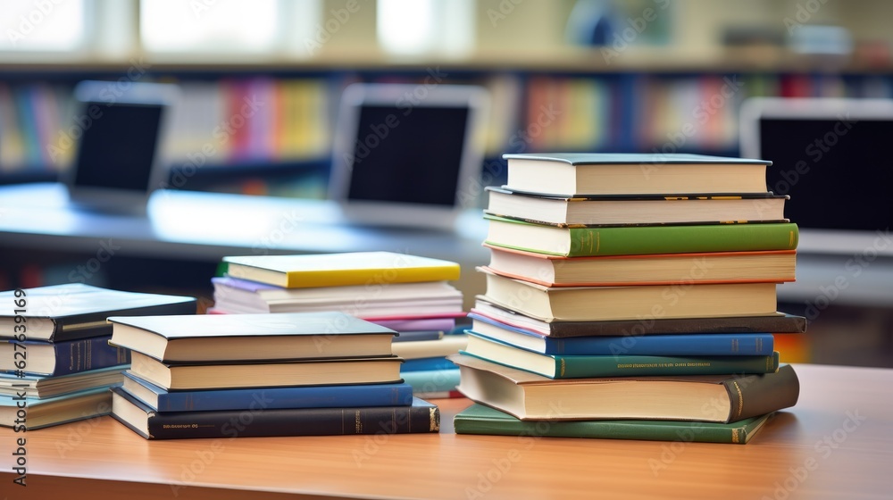 Education concept with laptop and books stack with library background. Generative AI Education concept with laptop and books stack with library background. Generative AI