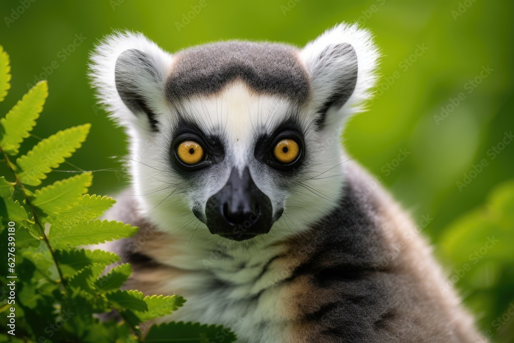 Portrait of a lemur against the background of green nature. Generative AI