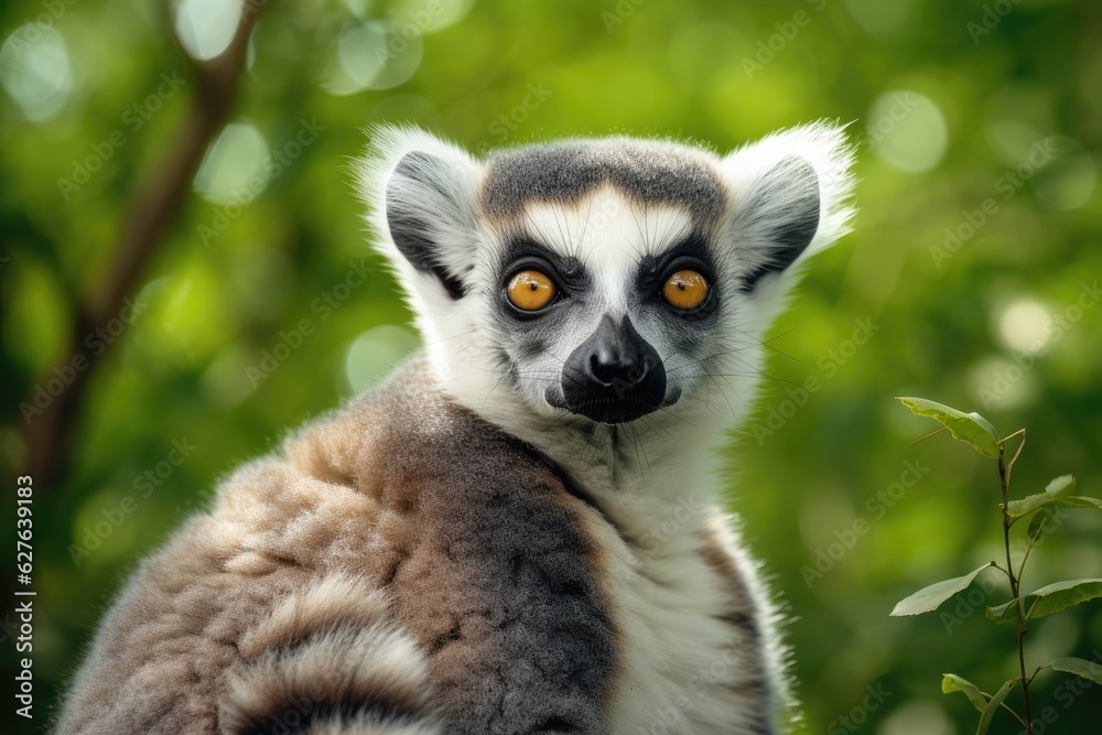 Fototapeta premium Portrait of a lemur against the background of green nature. Generative AI
