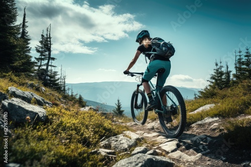 Mountain biking woman riding on bike in summer mountains forest landscape. Generative AI © kardaska