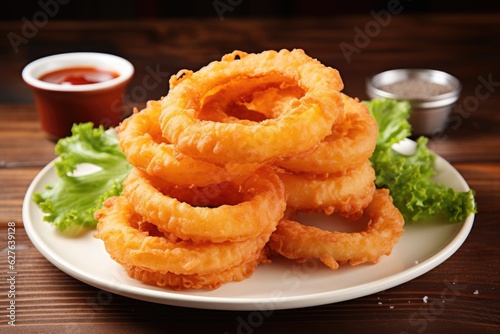 A platter of crispy onion rings. Generative AI