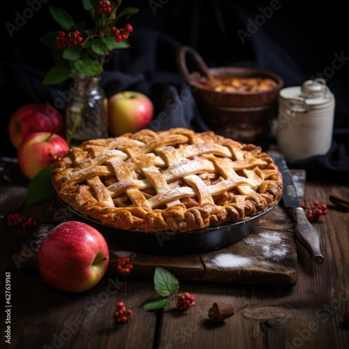 Freshly baked Apple Pie on a rustic table. Generative AI © kardaska