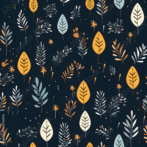 Minimalistic plant, leafs, leaf seamless pattern. - Camping, travel, tree, mountains, endless tile. 