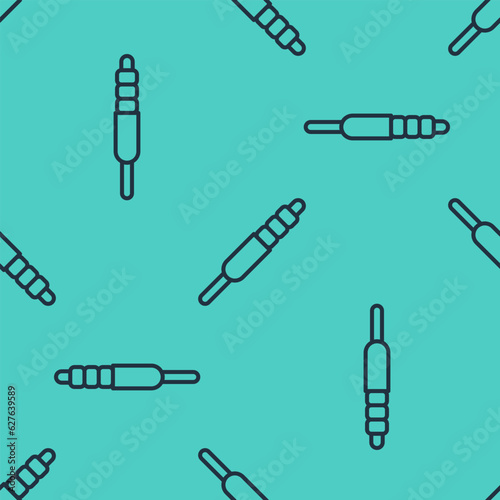 Black line Audio jack icon isolated seamless pattern on green background. Audio cable for connection sound equipment. Plug wire. Musical instrument. Vector