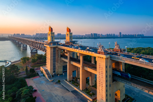 Dusk Scenery of Nanjing Yangtze River Bridge, Jiangsu Province, China photo