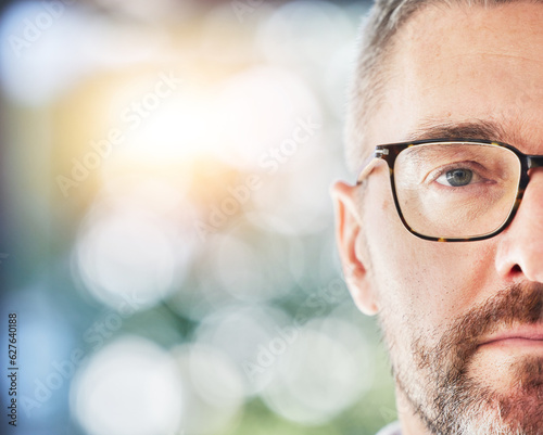 Glasses, optometry and portrait with eye of man with eyewear, spectacles and optician with bokeh. Half, face and male person with stylish frame, vision from optometrist and eyesight with mockup space