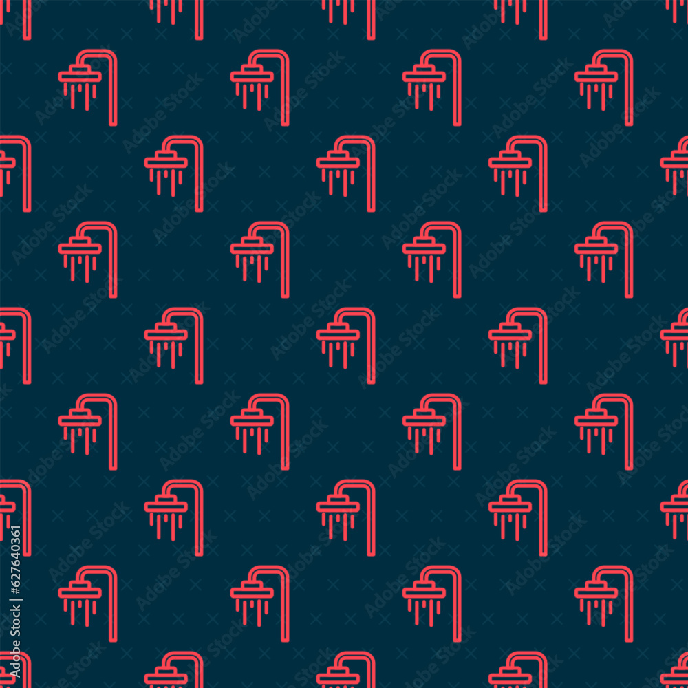 Red line Shower head with water drops flowing icon isolated seamless pattern on black background. Vector Red line Shower head with water drops flowing icon isolated seamless pattern on black background. Vector