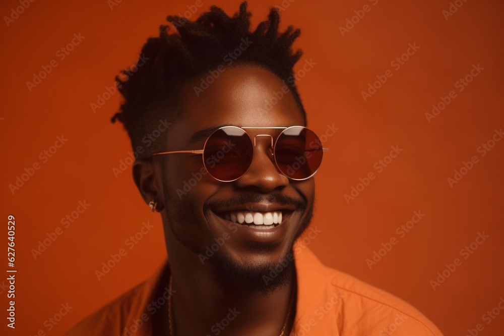 Studio shot of a young handsome african man in sunglasses wearing elegant casual clothes against an orange background. generative ai Studio shot of a young handsome african man in sunglasses wearing elegant casual clothes against an orange background. generative ai