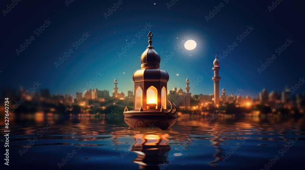 Ornamental Arabic lantern with serene mosque background with beautiful glowing lantern at night. Generative Ai