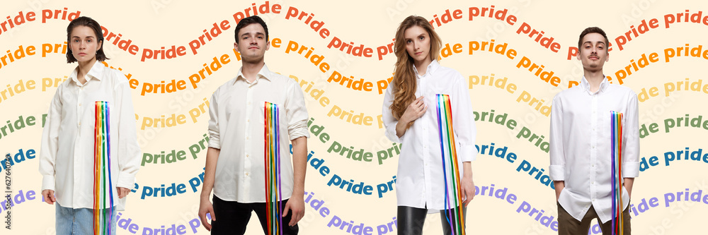 Young people standing in white shirts with rainbow ribbon element symbolizing support of lgbtqia community. Contemporary art. Human rights, equality, acceptance and freedom concept. Banner, poster, ad Young people standing in white shirts with rainbow ribbon element symbolizing support of lgbtqia community. Contemporary art. Human rights, equality, acceptance and freedom concept. Banner, poster, ad