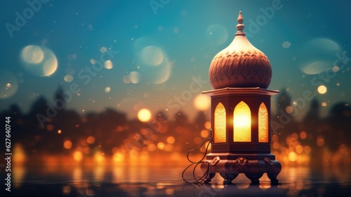 Ornamental Arabic lantern with serene mosque background with beautiful glowing lantern at night. Generative Ai © tong2530