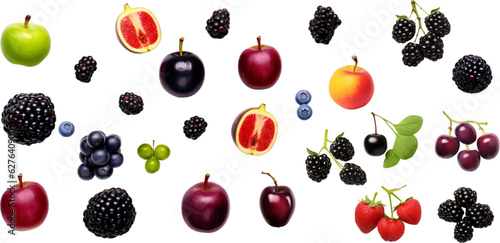 Printset different fruits are shown on a white background  in the style of red and purple