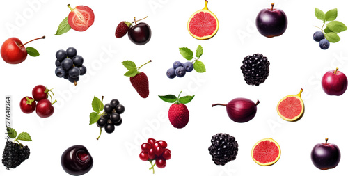 Printset different fruits are shown on a white background, in the style of red and purple