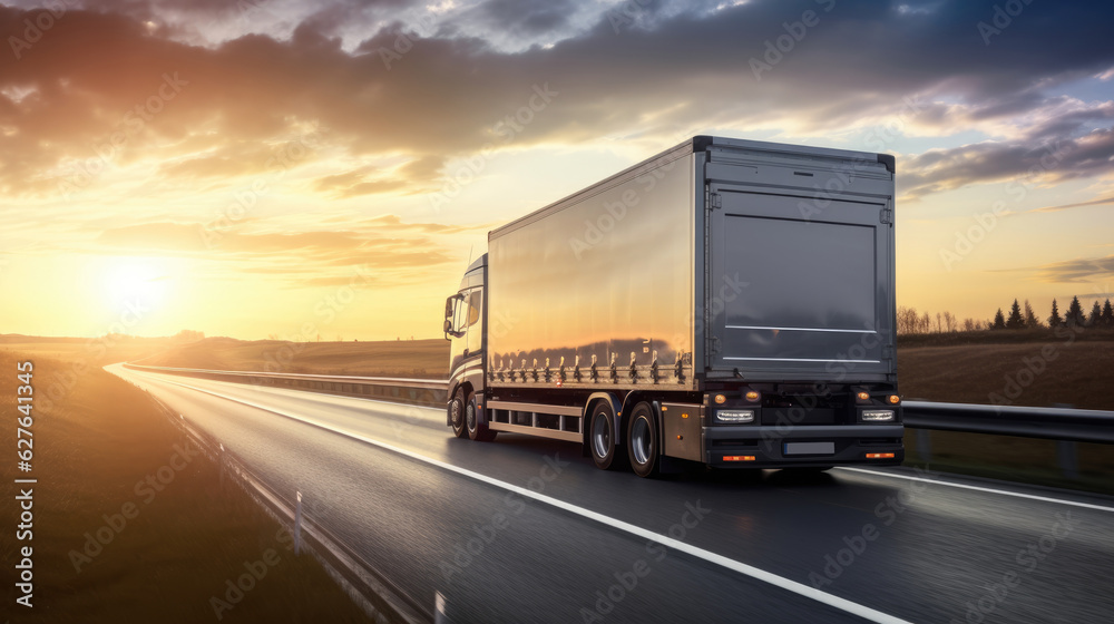 AI generated image of modern large trailer driving down an empty road at sunset. Logistics company. Freight transportation. Fast delivery.