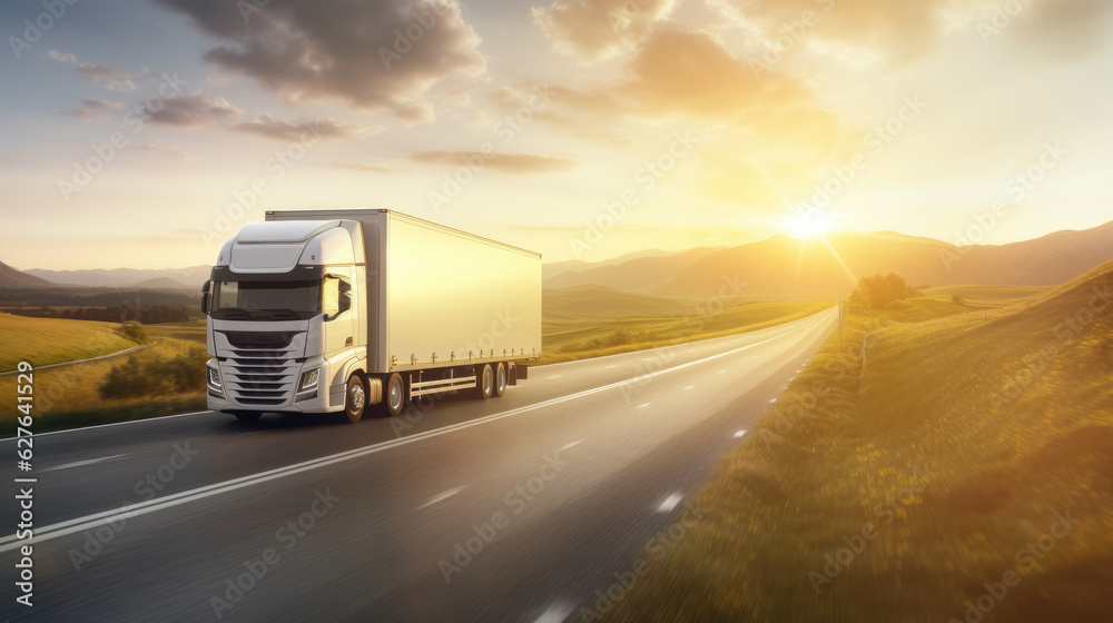 AI generated image of modern large trailer driving down an empty road at sunset. Logistics company. Freight transportation. Fast delivery.