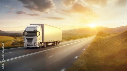 AI generated image of modern large trailer driving down an empty road at sunset. Logistics company. Freight transportation. Fast delivery. © masyastadnikova