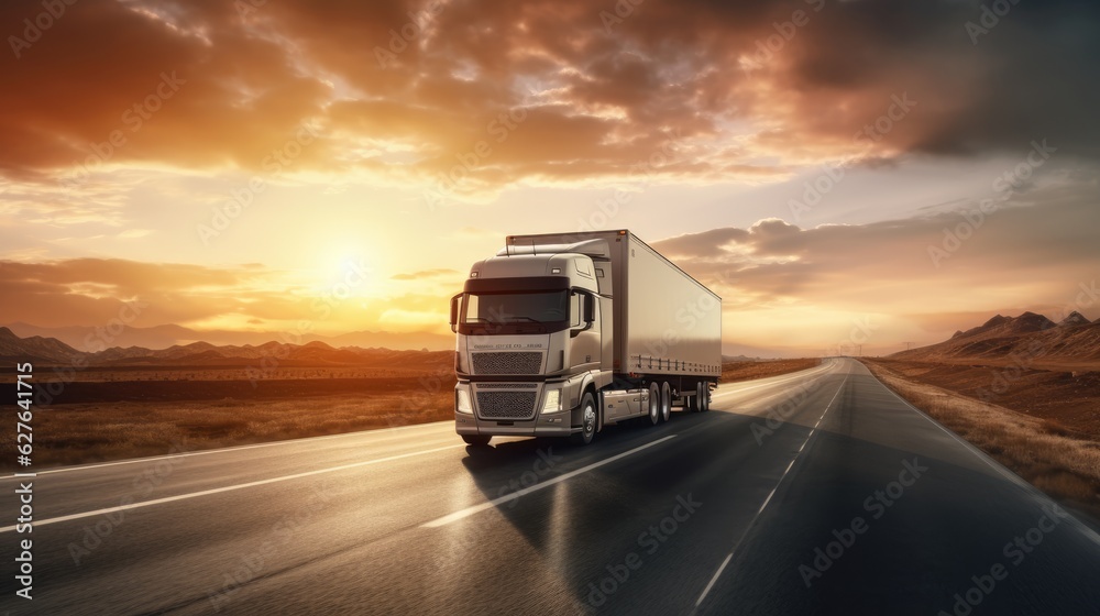 Obraz premium AI generated image of modern large trailer driving down an empty road at sunset. Logistics company. Freight transportation. Fast delivery.